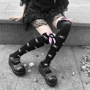 Gothic Long Black Knee High Stockings with Skulls & Pink Bows